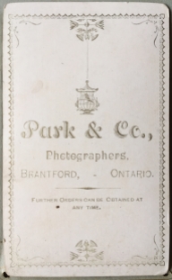Photo 22b: Reverse of photo 22a. Photographer Park & Co, Brantford, Ontario.